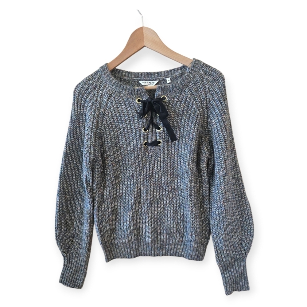 Naf Naf Knit Sweater Women Size M Pullover Long Sleeve Cozy Gray  Black Tie Fron